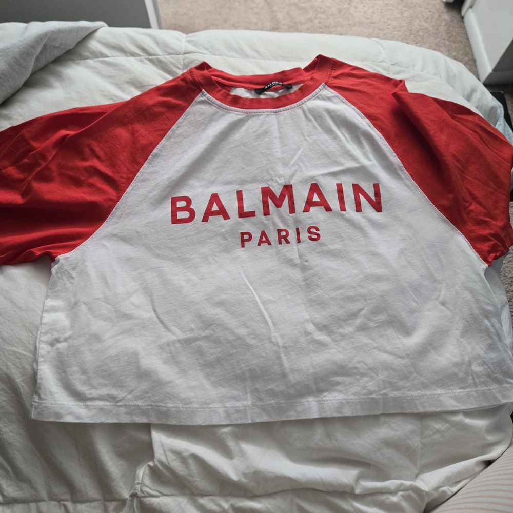 Balmain Red and White Logo T-Shirt